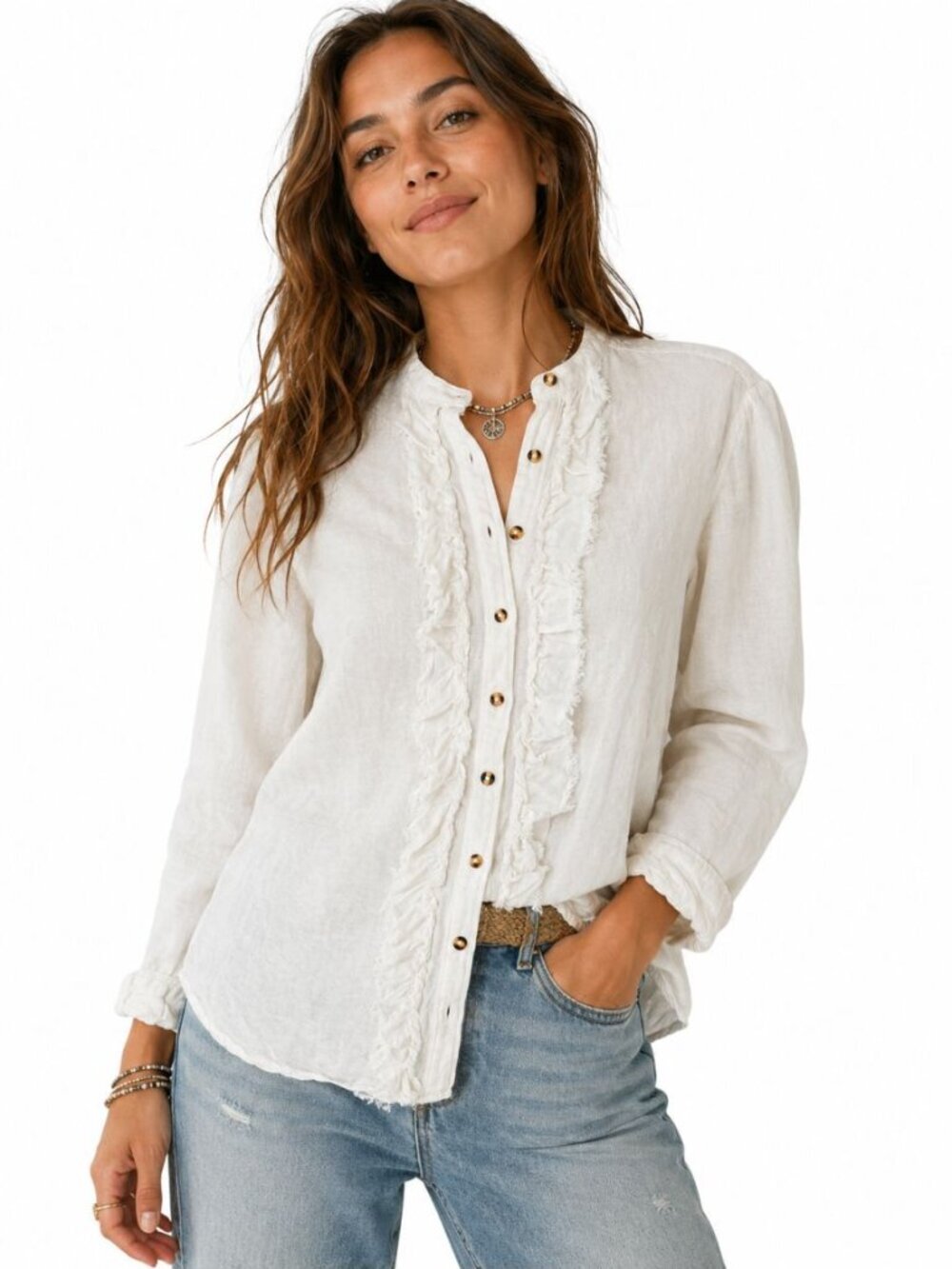 Pilcro Anthropologie Women's White Ruffled Placket Linen Blouse Button-Up Size S